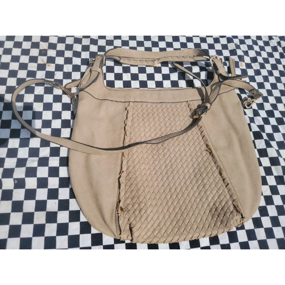 Urban Expressions Beige Woven Hobo Shoulder Bag‎ Blue Damask Back AS IS